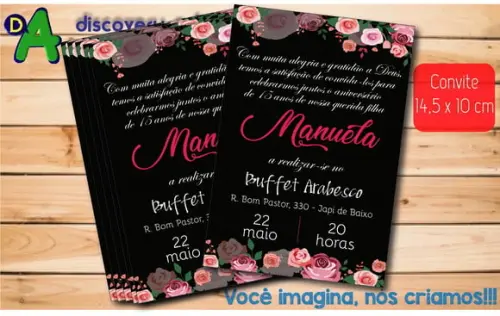 Convite Aniversário 15 Anos Preto e Rosa