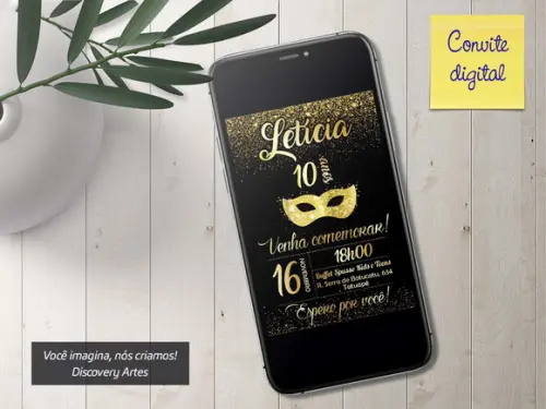 Convite Digital Dourado Baile de Máscaras 15 Anos