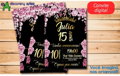 Convite Digital Aniversário 15 Anos Preto Com Rosa