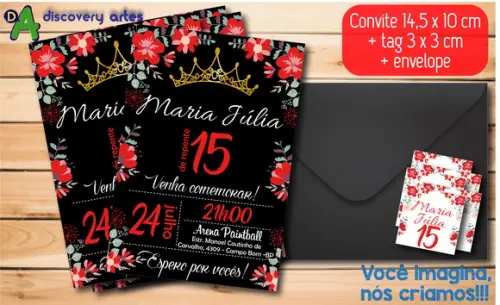 Convite Aniversário 15 Anos Preto com Rosas Vermelhas