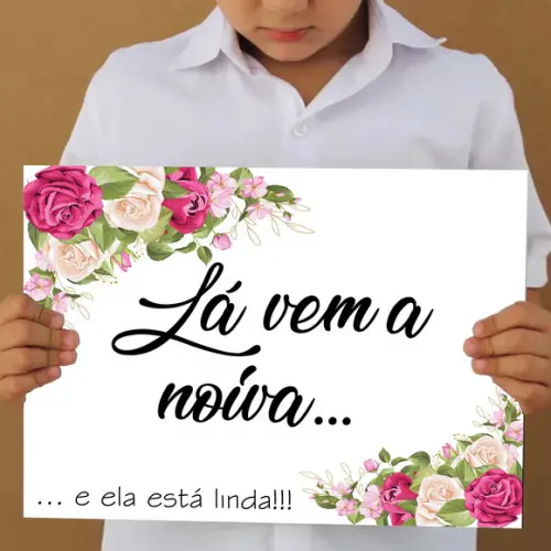 Plaquinha Lá Vem a Noiva Casamento Floral (30 x 40 Cm)