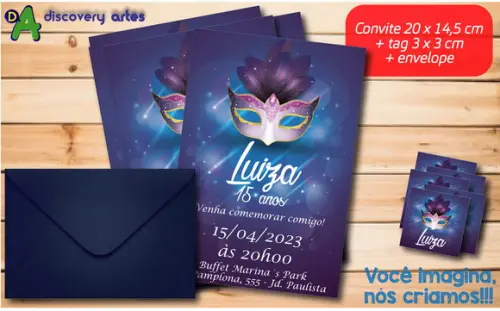 Convite Azul Baile de Máscaras 15 Anos (20 x 14,5 Cm)