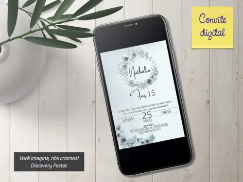 Convite Digital Debutante Floral Cinza