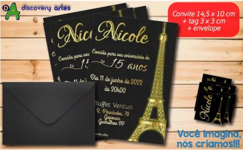 Convite Aniversário 15 Anos Paris Preto com Dourado