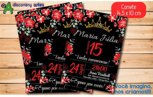 Convite Aniversário 15 Anos Preto com Rosas Vermelhas