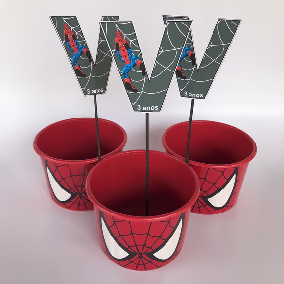 30 Centro de Mesa (1 Baldinho e 1 Onomatopeia) Homem Aranha