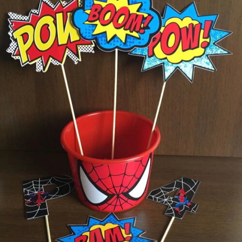 30 Centro de Mesa (1 Baldinho e 1 Onomatopeia) Homem Aranha