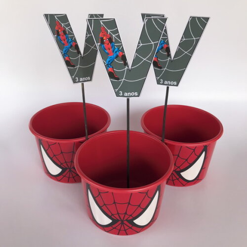 30 Centro de Mesa (1 Baldinho e 1 Onomatopeia) Homem Aranha