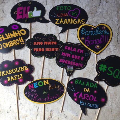 Plaquinhas Divertidas Festa Neon - Kit 10 Unidades