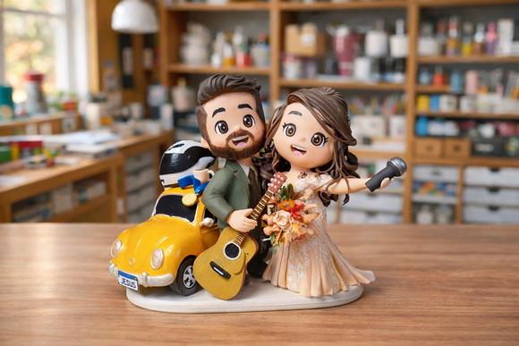 Topo de Bolo Casamento Noivinhos com Fusquinha e Violão