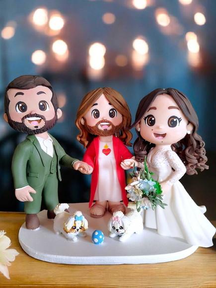 Topo de Bolo Casamento com Jesus e Pets Biscuit Personalizado