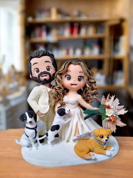 Topo de Bolo Noivinhos com Pets Personalizado Biscuit