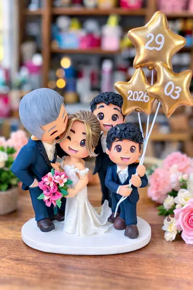 Topo de Bolo Casamento Noivos com Filhos Personalizado
