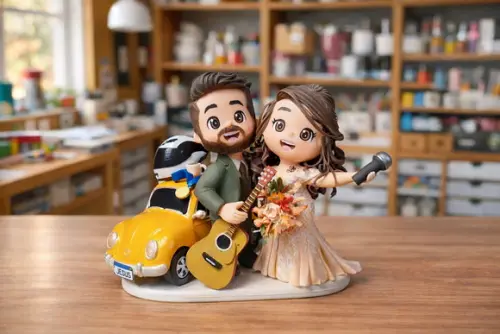 Topo de Bolo Casamento Noivinhos com Fusquinha e Violão