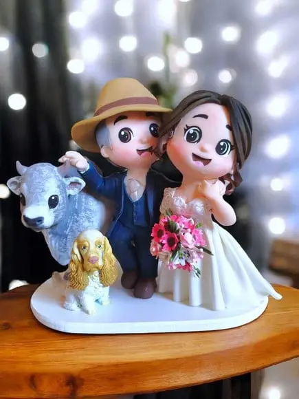Topo de Bolo Casamento Noivos Veterinário Boi Vaca Cachorro