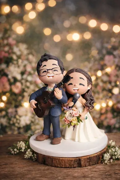 Topo de Bolo Casamento Noivo com Violão Noiva Cantora