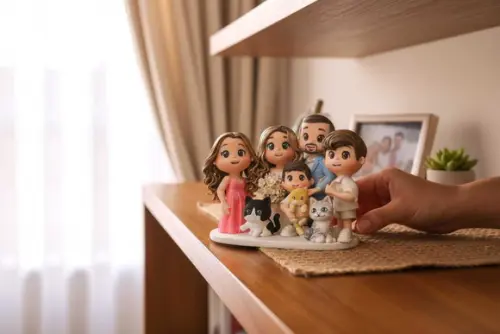 Topo de Bolo Família Noivos com Filhos Biscuit Personalizado