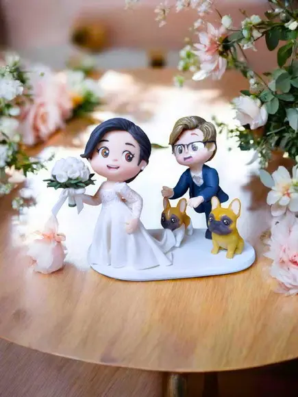 Topo de Bolo Cachorro Puxando Vestido Noiva Personalizado