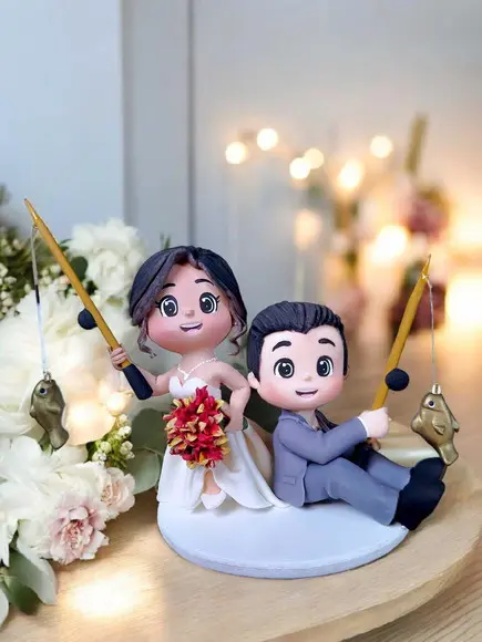 Topo de Bolo Casamento Personalizo Noivos Pescando Biscuit