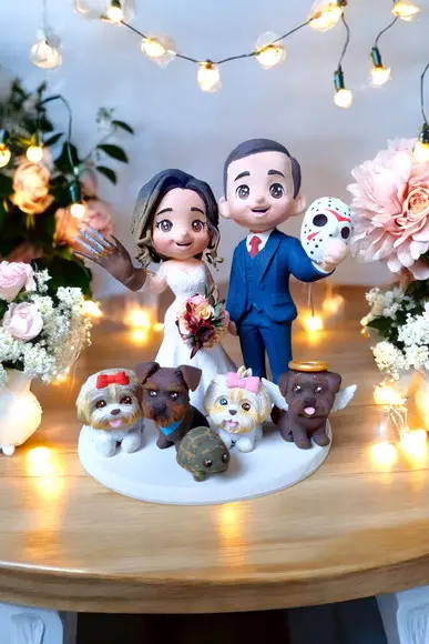 Topo de Bolo Casamento Personalizado Filme de Terror e Pets