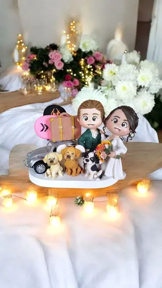 Topo de Bolo Casamento Noivos Fusca Cachorros Prancha Surf