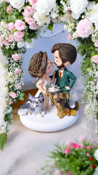 Topo de Bolo Noivinhos com Pets Personalizado Biscuit