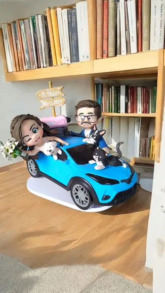 Topo de Bolo Casamento Noivinhos no Carro com Cachorros