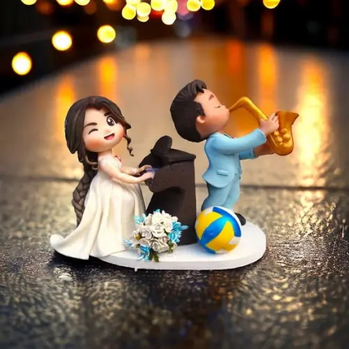 Topo de Bolo Casamento Noiva Tocando Órgão Noivo Saxofone