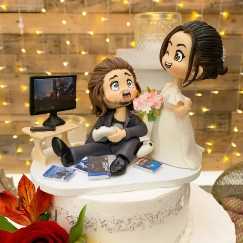 Topo De Bolo Casamento Noivinhos Jogando Vídeo Game Biscuit