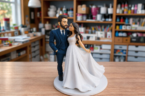 Topo Bolo Casamento Noivos Personalizados 3D Casal Estilizados Miniatura Noiva Segurando Vestido Longo Minimalista