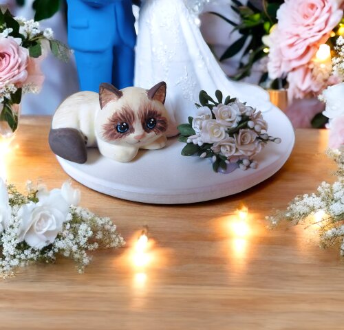 Topo de Bolo Casamento Noivinhos se Beijando com Gato