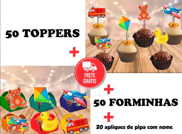 brinquedos antigos - 50 toppers + 50 forminhas + 20 apliques