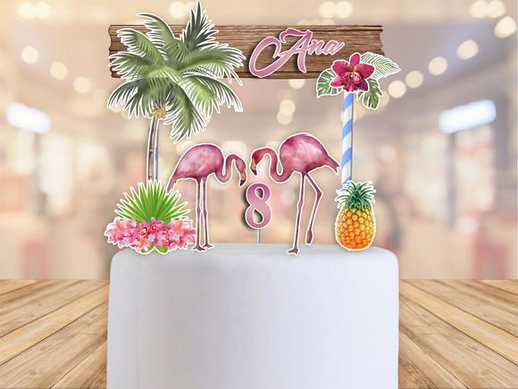 Topo de bolo flamingos tropical - FRETE GRÁTIS
