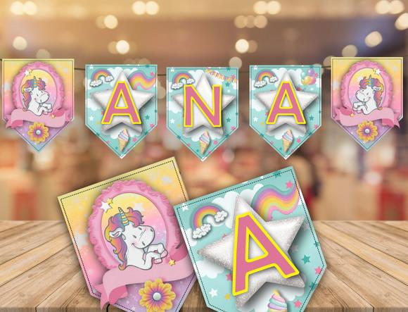 Bandeirolas Unicórnios - varal de letras personalizadas