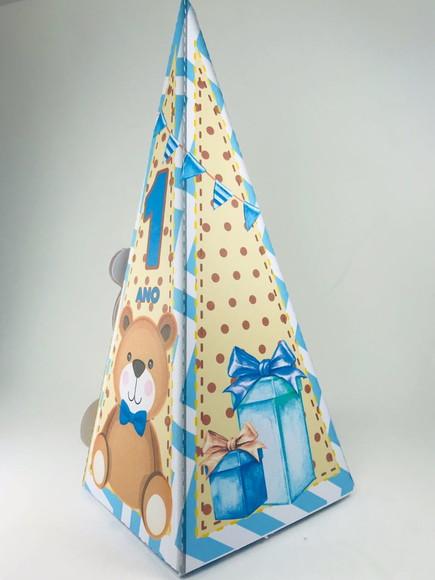 cone ursinho marron, amarelo e azul - urso