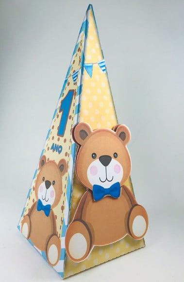 cone ursinho marron, amarelo e azul - urso