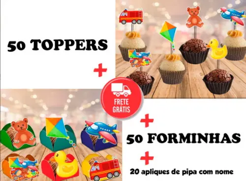 brinquedos antigos - 50 toppers + 50 forminhas + 20 apliques