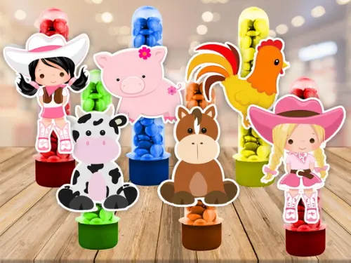apliques para tubetes fazendinha menina - 50 unidades