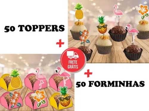 tropical flamingos abacaxi - 50 toppers + 50 forminhas