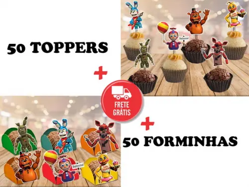 50 forminhas + 50 toppers - fnaf world five nights at freddy