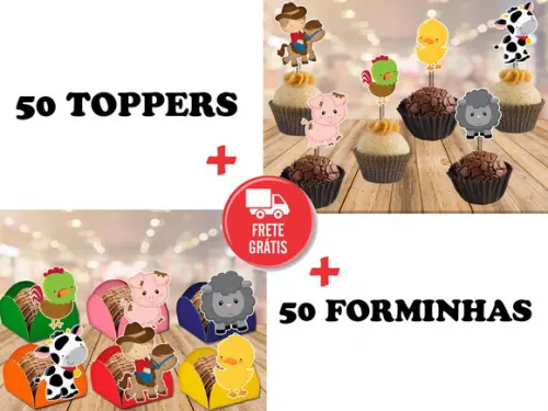 50 toppers fazendinha + 50 forminhas - Frete grátis