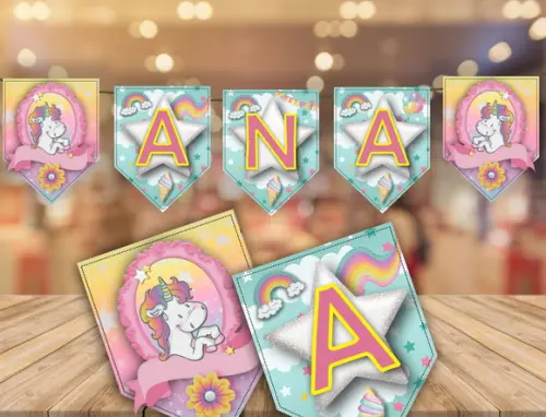 Bandeirolas Unicórnios - varal de letras personalizadas