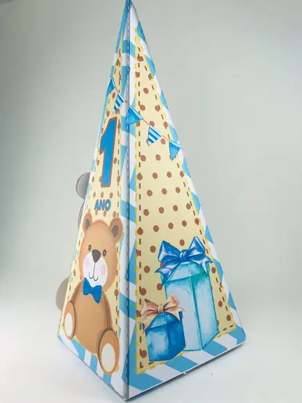 cone ursinho marron, amarelo e azul - urso