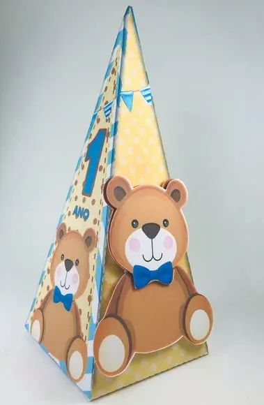 cone ursinho marron, amarelo e azul - urso