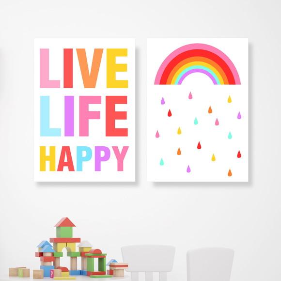 2 Quadros Digitais - Arco Iris Gotas Live Life Happy
