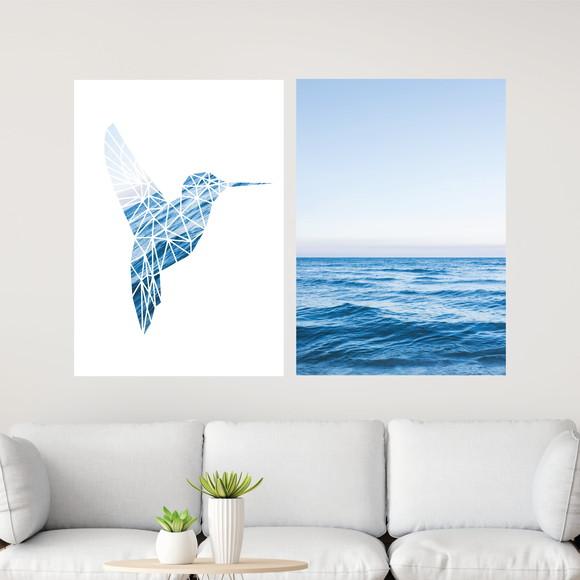 2 Quadros Digitais - Beija Flor Geométrico Mar Azul
