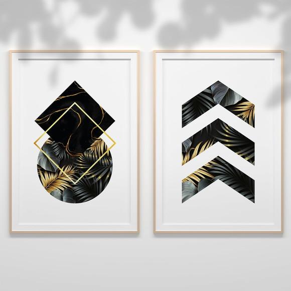 2 Quadros Digitais - Geométricos Folhas Preto e Dourado