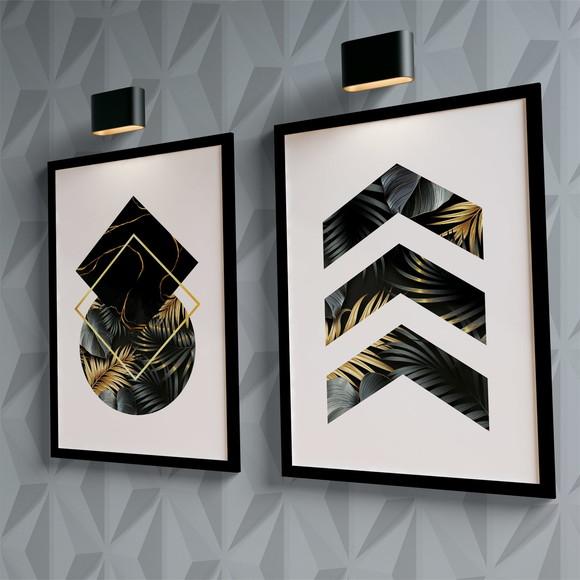 2 Quadros Digitais - Geométricos Folhas Preto e Dourado