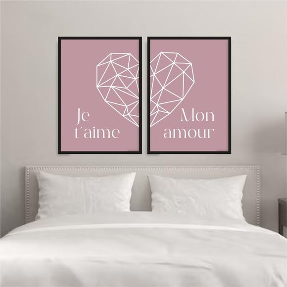2 Quadros Digitais - Je Taime - Mon Amour - Coração Rosa