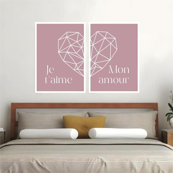 2 Quadros Digitais - Je Taime - Mon Amour - Coração Rosa